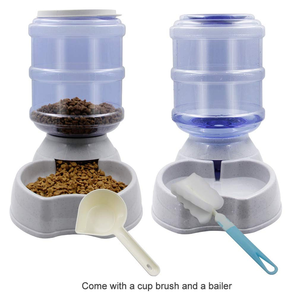Automatic Cat Feeder and Water Dispenser Set, 1 Gal x 2 Gravity Dog Water Fountain Pet Food Feeder (Grey)