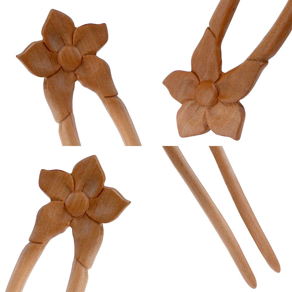 Handmade Carved 2-Prong Wooden Hairpin vintage Chopsticks Chinese Decorative Accessory Wood Floral Hair Stick Peachwood