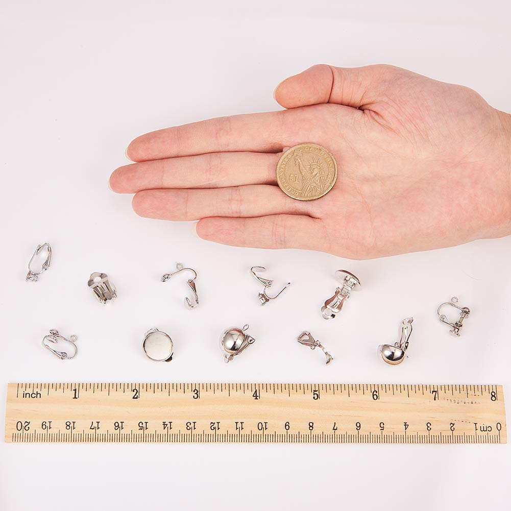 SUNNYCLUE 1 Box 28pcs 7 Style Clip-on Earring Findings Non Pierced Earring Converter Stud Clip On Converter Screw Back Ear Wire Pad Base Flat Back Round Tray Blank Components for DIY Jewelry Making