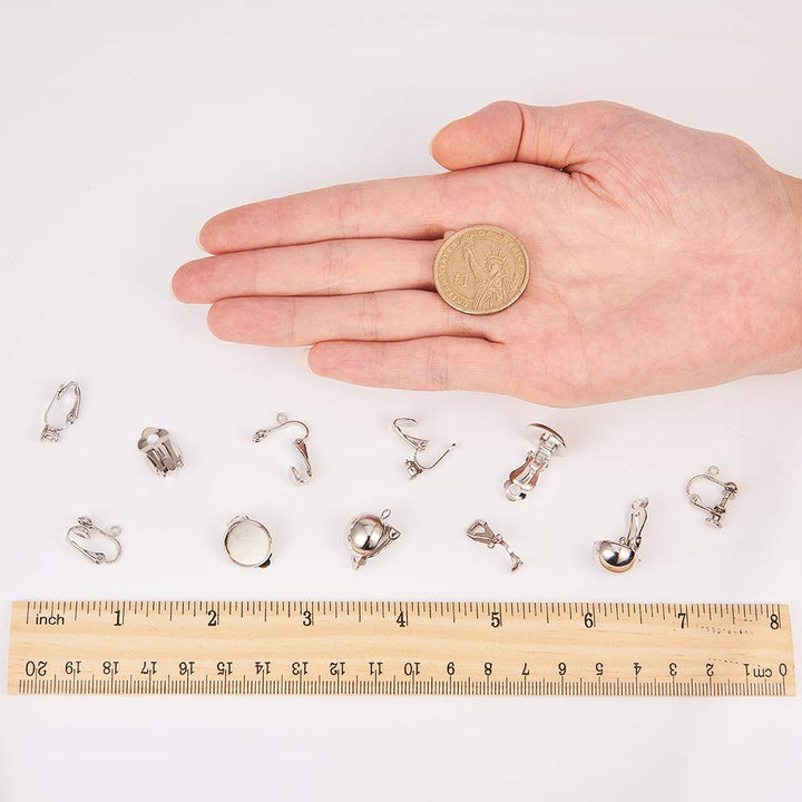 SUNNYCLUE 1 Box 28pcs 7 Style Clip-on Earring Findings Non Pierced Earring Converter Stud Clip On Converter Screw Back Ear Wire Pad Base Flat Back Round Tray Blank Components for DIY Jewelry Making