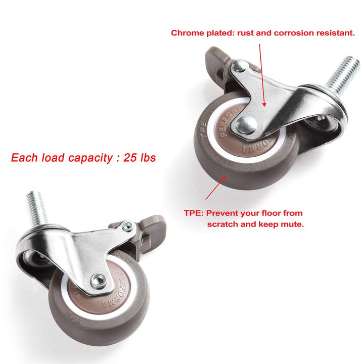 4 Pcs 1&#39;&#39; Swivel Threaded Stem Casters, TPE Mute Crib Caster, M6×15 Stem Caster Wheels with Brake, Replacement for Baby Bed, Cabinet, Table, Shelf, Total Load Capacity 99Lbs