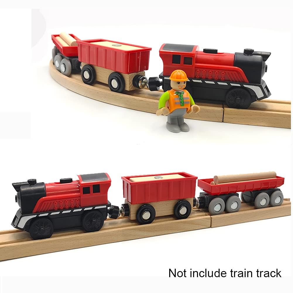 Battery Operated Cargo Train for Wooden Train Track Set Toys for Toddlers 3 4 5 Year Old Boys Kids Magnetic Couplings Construction site Fram Harbor Vehicle (Without Battery)