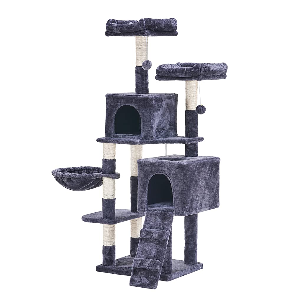 58'' Multi-Level Cat Tree Condo Furniture with Sisal-Covered Scratching Posts, 2 Plush Condos, Hammock for Kittens, Cats and Pets Smokey Gray MPJ013G