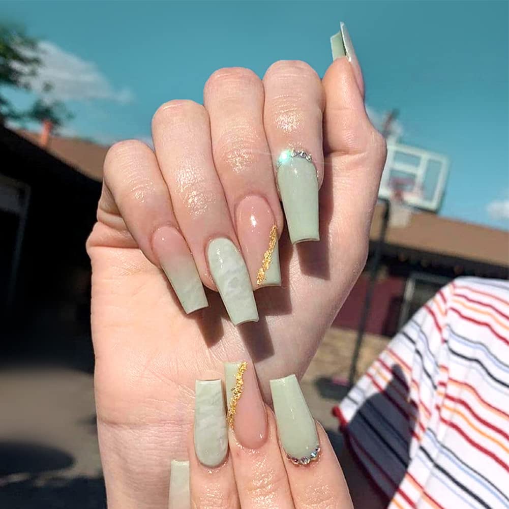 24Pcs Press on Nails Long Square Coffin Fake Nails Diamond False Nails Rhinestone Glossy Ballerina Clip on Nails Full Cover Fake Nails for Women and Girls (Diamond False Nails-F)