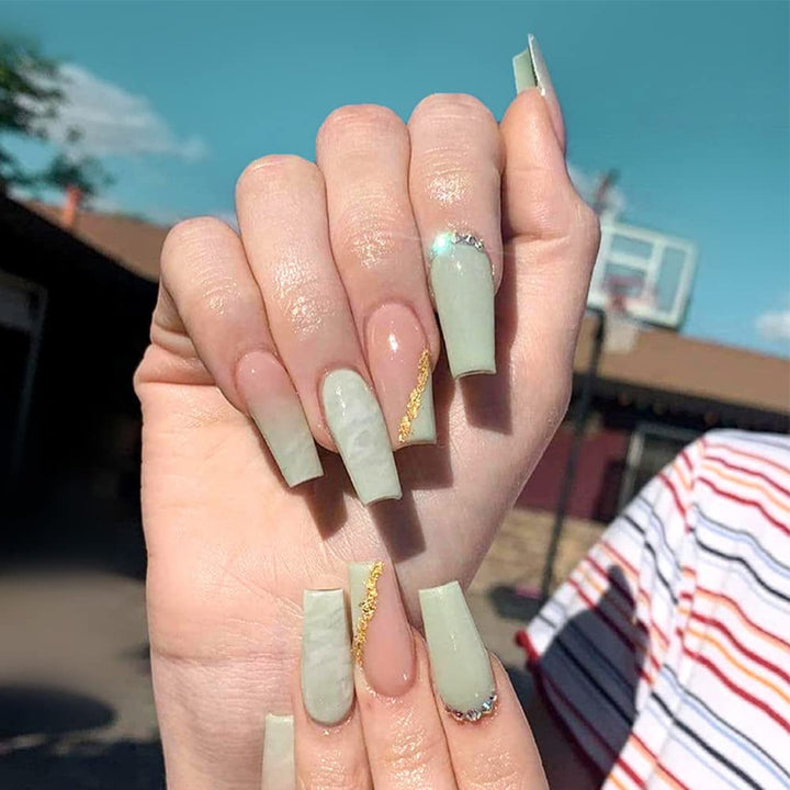 24Pcs Press on Nails Long Square Coffin Fake Nails Diamond False Nails Rhinestone Glossy Ballerina Clip on Nails Full Cover Fake Nails for Women and Girls (Diamond False Nails-F)