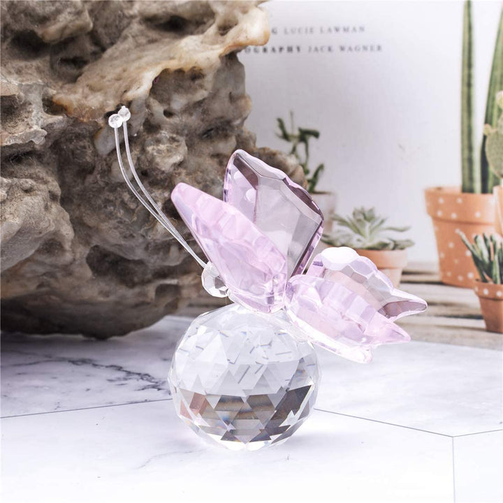 H&amp;D HYALINE &amp; DORA Pink Crystal Flying Butterfly with Crystal Ball Base Figurine Collection Cut Glass Ornament Statue Animal Collectible