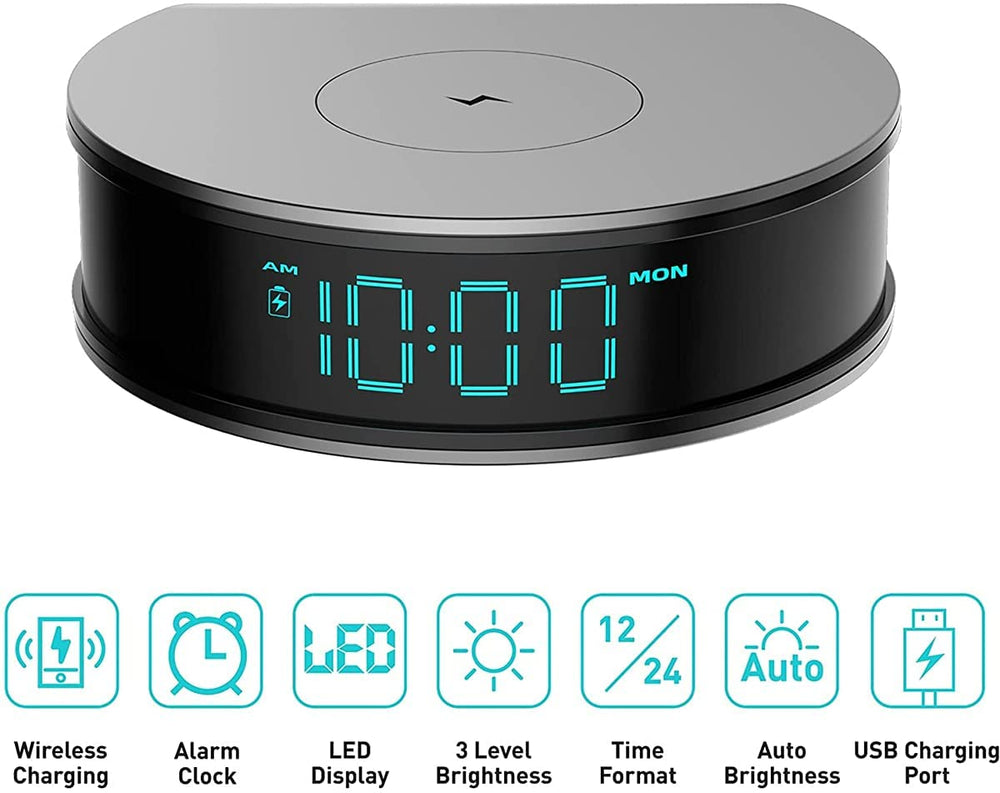Digital Alarm Clock with 15W Fast Wireless Charge , Wireless Charger Pad for iOS/Android Smartphone , Adjustable Brightness LED Alarm Clock