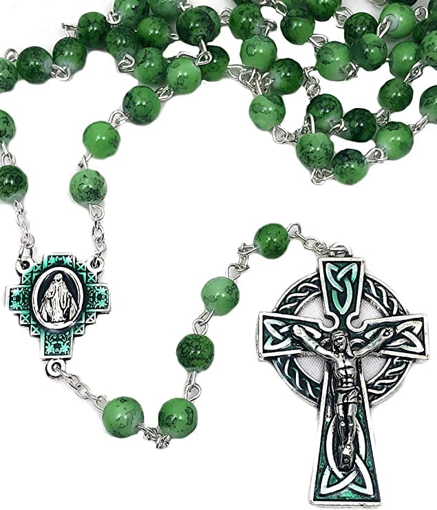 Catholic St Patrick Green Glass Marble Bead Rosary Gift Set