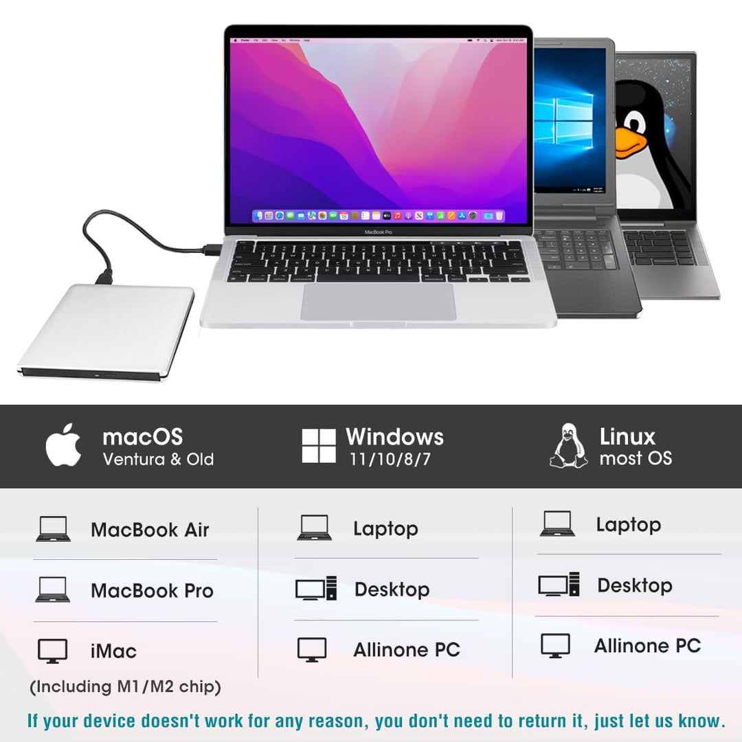 External CD DVD Drive USB 3.0/Type-C Ultra-Slim Aluminum CD/DVD-ROM Player Burner +/-RW Optical Disc Drive Reader Rewriter for Laptop PC Windows 11/10/8/7 Mac MacBook Pro Linux OS, Silver