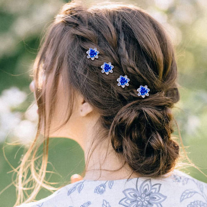 Royal Blue Set: Insowni 40Pcs Bridal Wedding Rhinestone Rose Flower U-Shaped Hair Pins &amp; 6Pcs Twist Pearl Hairpins Headpiece Set In Gift Box For Women Girls Bridesmaid (Royal Blue