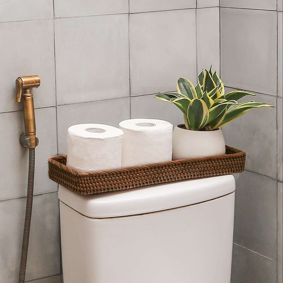Rattan Toilet Tank Basket Guest Towel Holder for Serving Organizing Bread Shelves 17&#39;&#39; x 6&#39;&#39; x 2&#39;&#39; Bathroom Counter and Storage Decorative Wicker Tray (17 x 6 x 2 inches, Dark Brown)