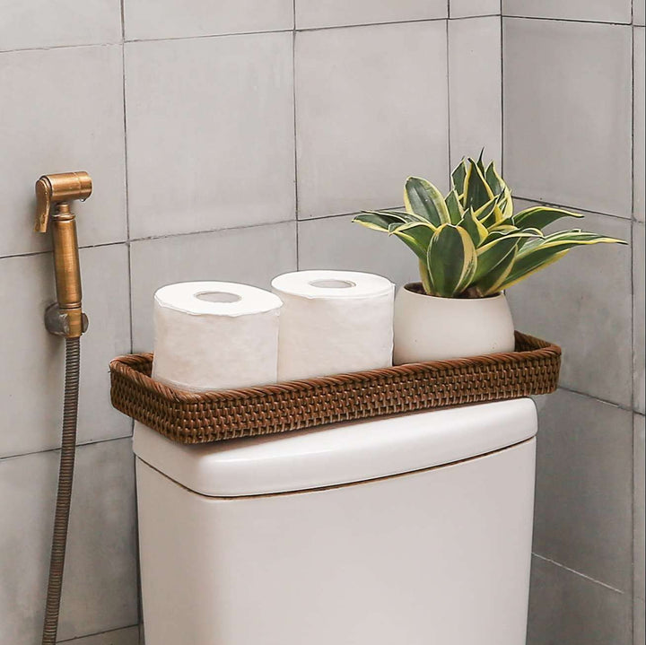 Rattan Toilet Tank Basket Guest Towel Holder for Serving Organizing Bread Shelves 17&#39;&#39; x 6&#39;&#39; x 2&#39;&#39; Bathroom Counter and Storage Decorative Wicker Tray (17 x 6 x 2 inches, Dark Brown)