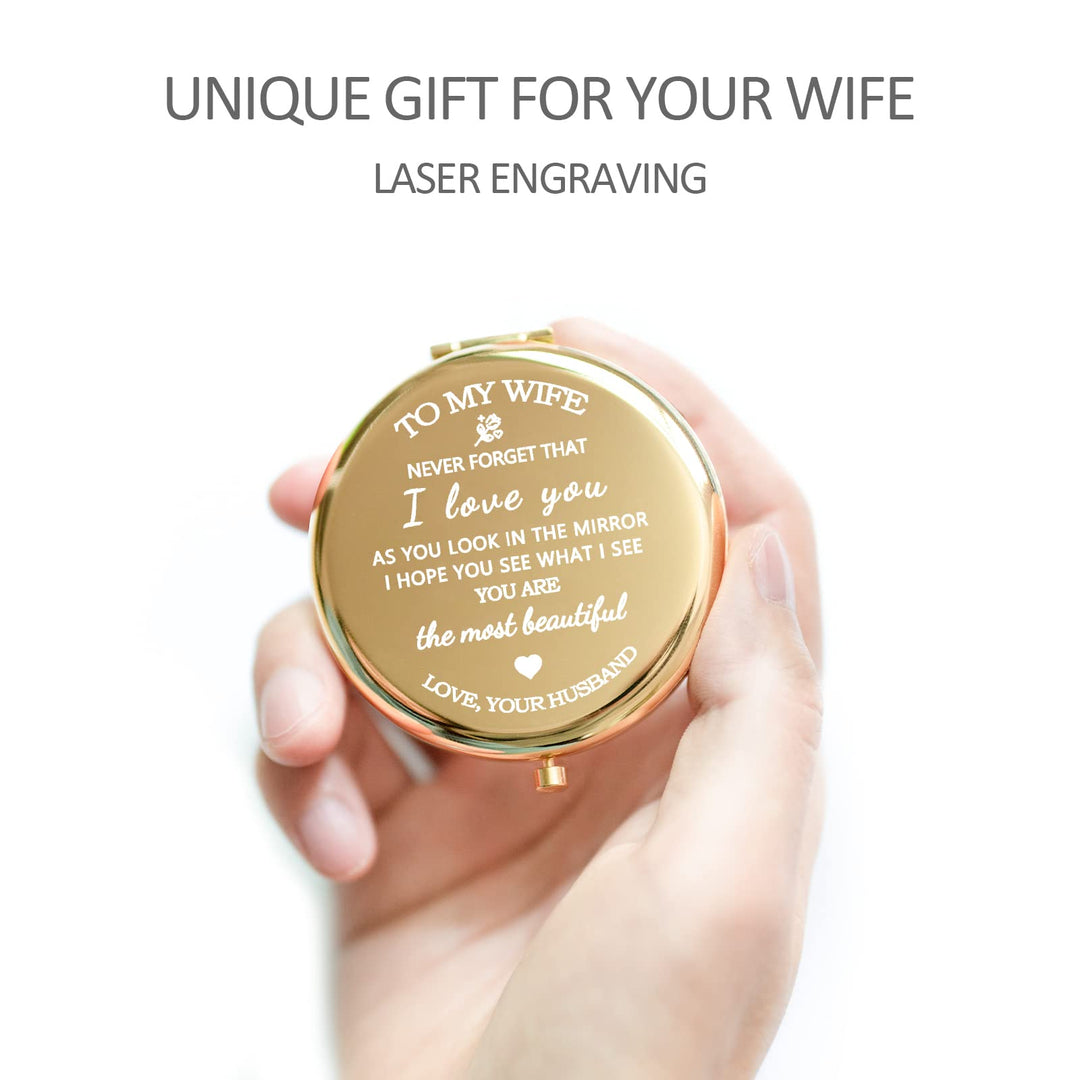 Gifts for Wife - I Love You Wife Gift Gold Compact Mirror for Her Birthday, Wedding, Valentines Day, Mothers Day, or Christmas