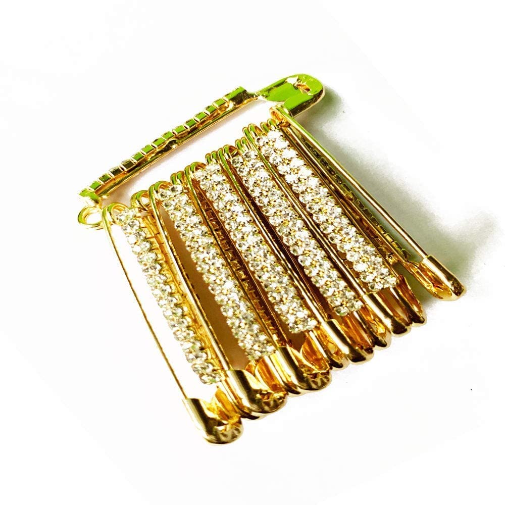 Decorative Golden Saree Pins with Double Stone,Safety Pin Decorated with Diamonds Set of 12