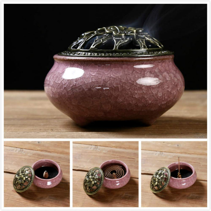 Censer Sky Blue Incense Burner with Calabash Incense Stick Holder - Porcelain Charcoal Censer for Use with Resin Granular Powder Cone or Coil Incense (Violet)