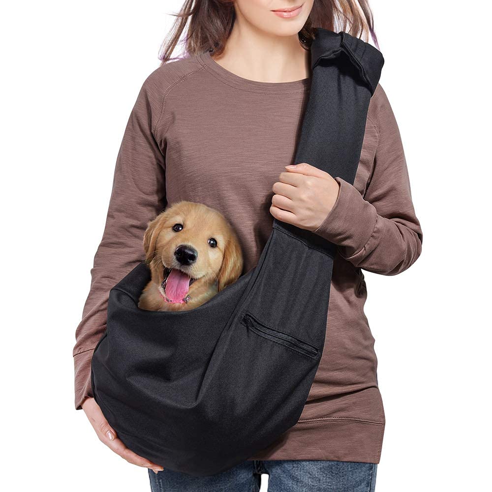 Dog Cat Sling Carrier Adjustable Padded Shoulder Strap with Large Zipper Pocket &amp; Mesh Pocket for Outdoor Travel