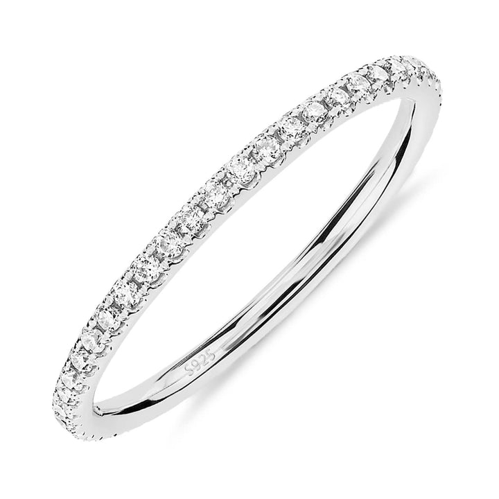 Rhodium Plated 925 Sterling Silver Stackable CZ Ring for Women | Thin Band for Stacking | Simulated Diamond Eternity Wedding Band | Size 9