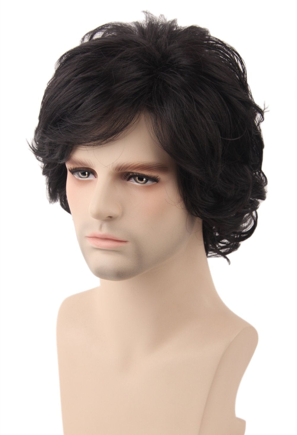 Men&#39;s Wigs Black Short Wavy Shaggy Style Layered Cosplay Halloween Costumes Male 70s Disco Hippie Wig