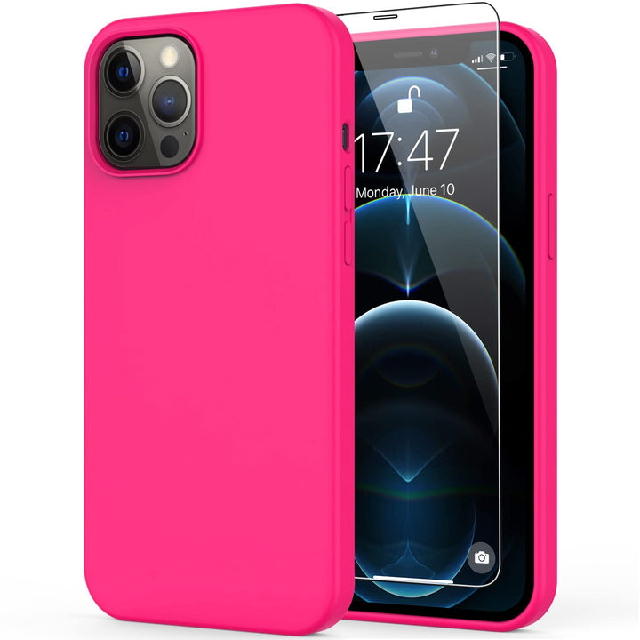 Compatible with iPhone 12 Pro Max Case with Screen Protector,Soft Silicone Gel Rubber Bumper Cover,Slim Fit Shockproof Protective Phone Case for iPhone 12 Pro Max 6.7 Hot Pink