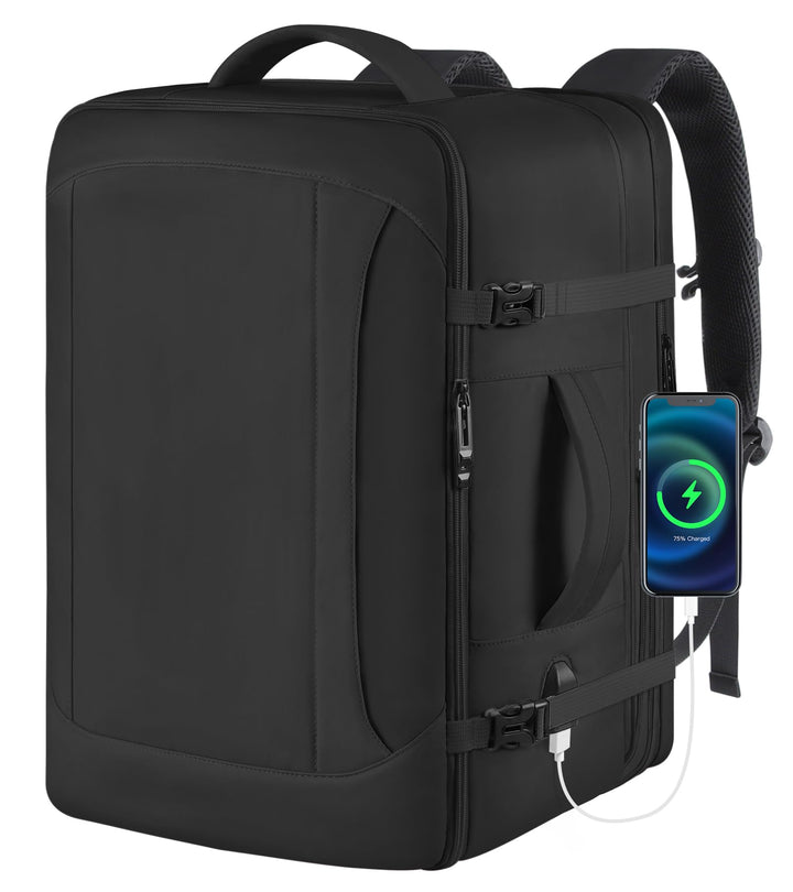 Travel Backpack, Extra Large Backpack, Carry On Backpack, 45L Expandable Airline Approved Water Resistant Suitcase Luggage Big Bag with USB Port Fits 17 Inch Laptops, Travel Gifts for Men, Black