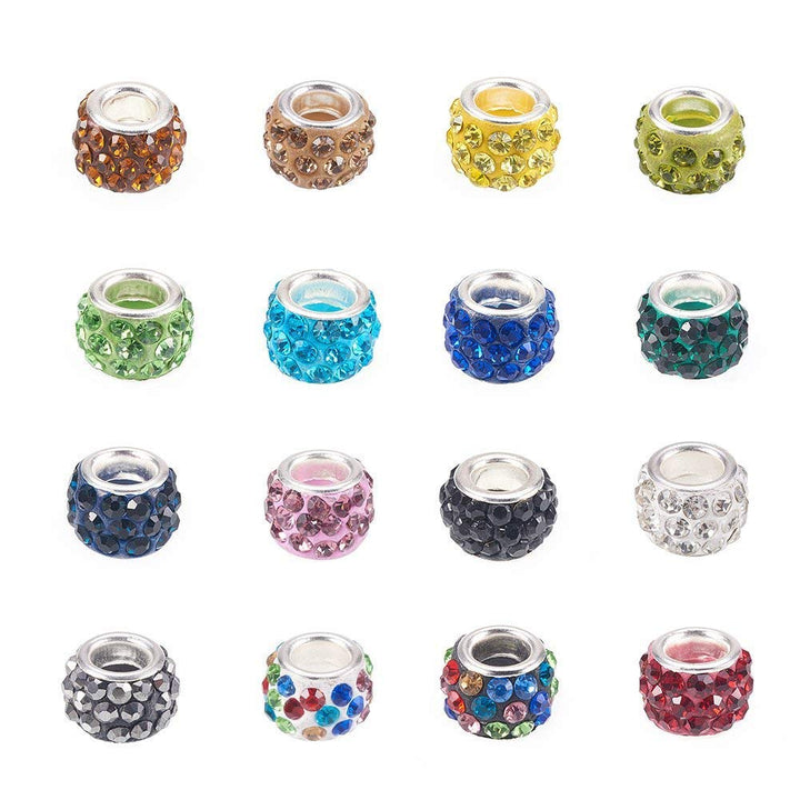 100Pcs Random Mixed Color Polymer Clay Large Hole European Beads with Rhinestone 11-12x7-7.5mm Rondelle Slide Bead Spacers for DIY Snake Chain Bracelet Making 5mm Big Hole