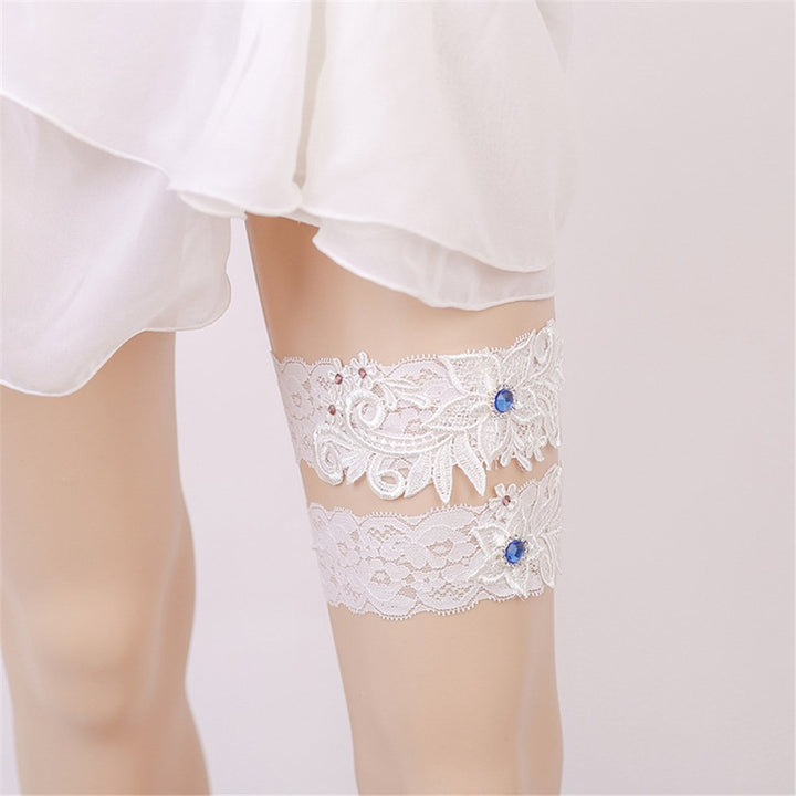 FantasyDay White Elastic Wedding Bridal Lace Garter Flower Leaf Style Sequins Lace Wedding Garter for Bridal with Rhinestone Keepsake Toss Tradition Vintage #1