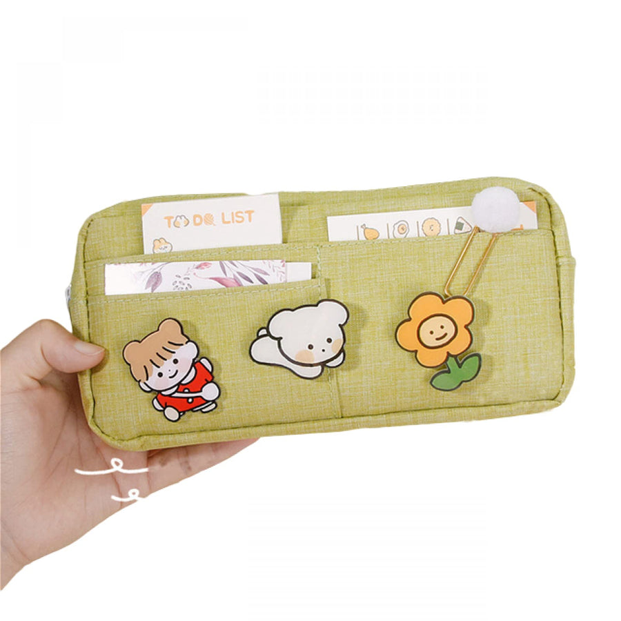 Kawaii Large Pencil Case Stationery Storage Bags Canvas Pencil Bag Cute Makeup Bag School Supplies for Girl Kids Gift w/Badge(A-Green)…