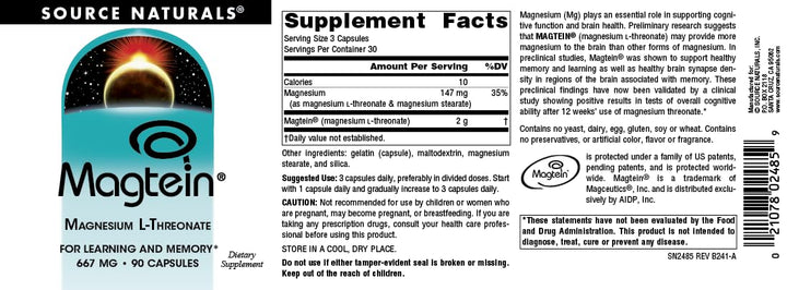 Magtein Magnesium L-Threonate 667mg Supports Focus, Mood, Healthy Memory, Cognitive Function, Sleep* - 90 Capsules