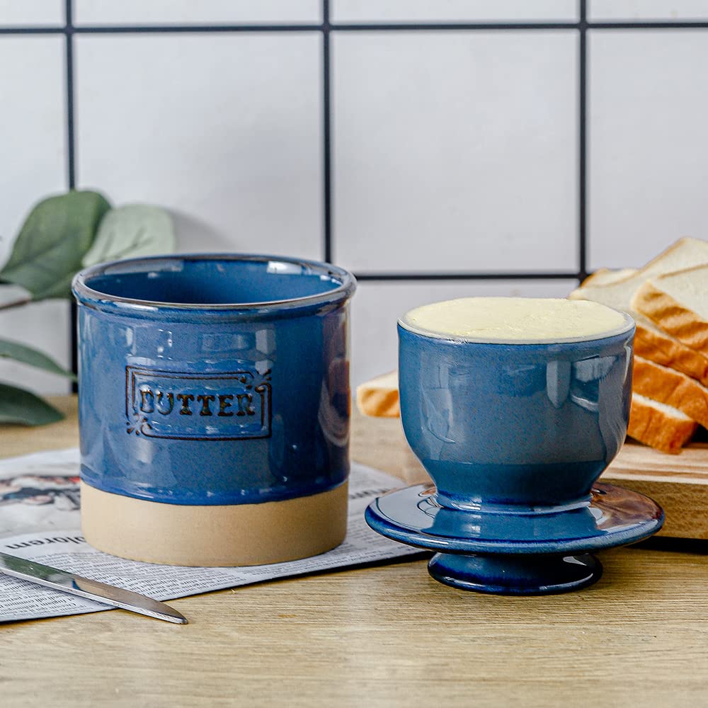 Ceramic Butter Crock, French Butter Dish with Lid for Countertop, Butter Keeper for Counter, Butter Crock with Water, Butter Holder for Soft Butter, Farmhouse Style(Blue)