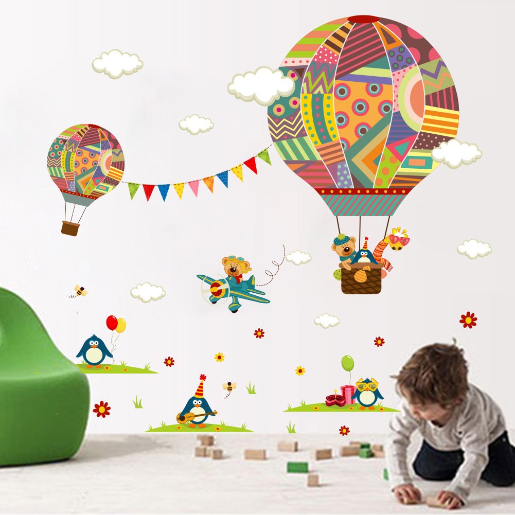 Amaonm Creative Cartoon 3D Hot air Balloon Aircraft Animals and Clouds Wall Decals Stickers - Peel and Stick Removable DIY Vinyl 3D Wall Art Decor for Nursery Room Kids Bedroom Living Room Classroom