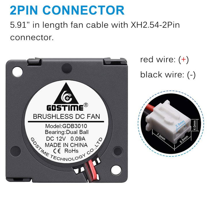 Gdstime 30mm x 30mm x 10mm 12V Mini Brushless Cooling Blower Fan Dual Ball Bearing
