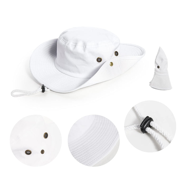 Cotton Sun Hat for Men and Women Wide Brim Foldable Sun Boonie Hunting Fishing Safari Bucket Hat(7 1/2 Size), White, Medium-Large