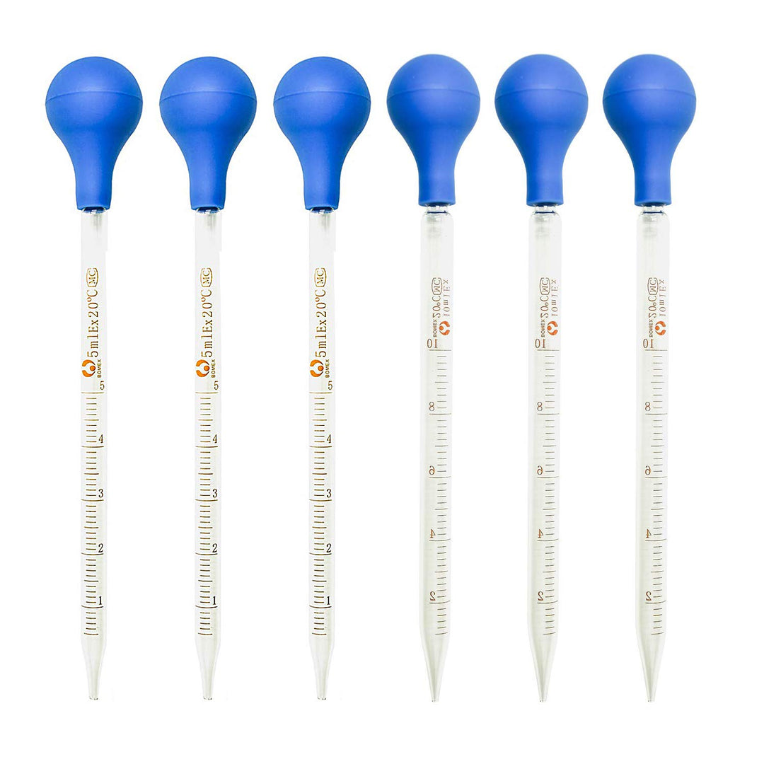 6 Pieces Glass Pipette 3 x 5ml + 3 x 10ml Glass Graduated Pipette Droppers Lab Pipette Transfer for Liquid Essential Oil with 6 Rubber Caps