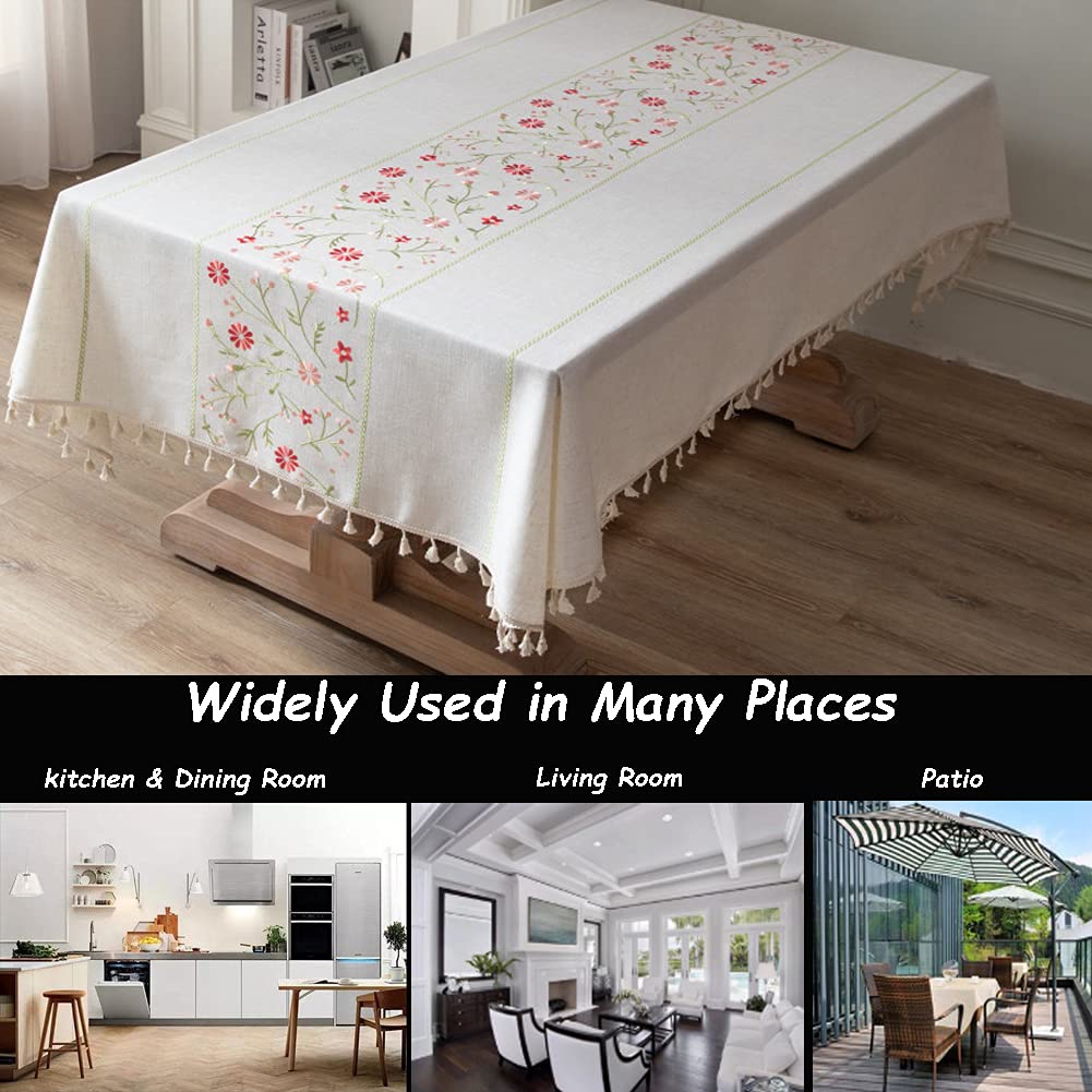 Table Cloth Embroidery Floral Pattern Wrinkle Free Heavy Weight Cotton Linen Farmhouse Tablecloth Decorative Fabric Tassel Table Cover for Outdoor and Indoor Use (Rectangle,55 x 102 Inch)