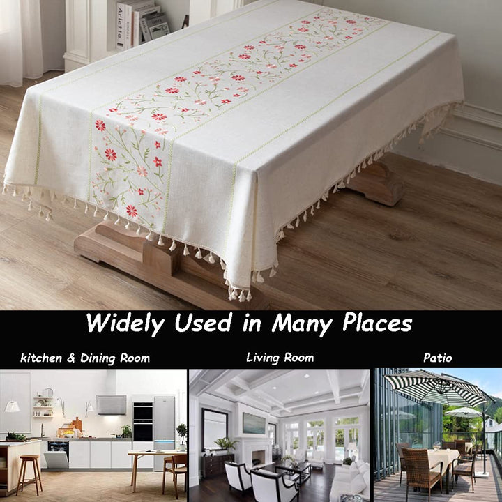 Table Cloth Embroidery Floral Pattern Wrinkle Free Heavy Weight Cotton Linen Farmhouse Tablecloth Decorative Fabric Tassel Table Cover for Outdoor and Indoor Use (Rectangle,55 x 102 Inch)