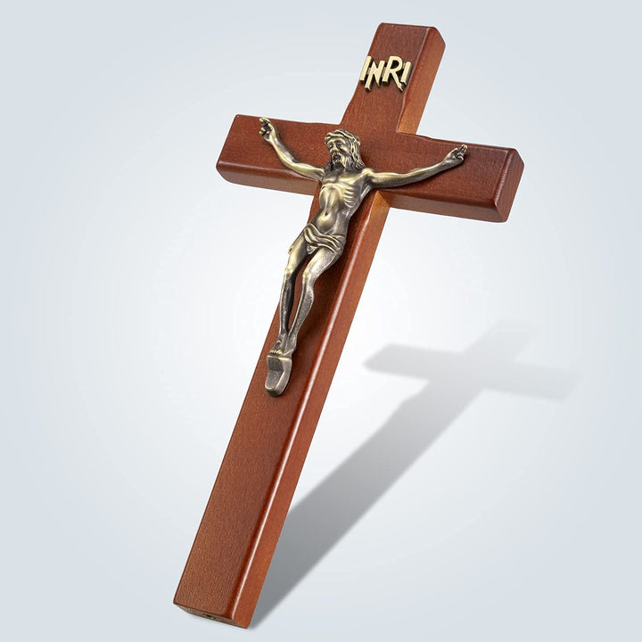 Crucifix Wall Cross, Catholic Wooden Standing Crucifix with Jesus Christ and INRI for Hanging and Standing - 12 Inch