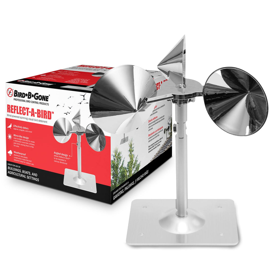Bird B Gone - Reflect-A-Bird - Reflective Spinning Deterrent - Repels Pigeons, Sparrows, &amp; Woodpeckers - Wind Powered - for Gardens, Railings, Roofs, Etc - Weatherproof Aluminum - Adjustable Neck