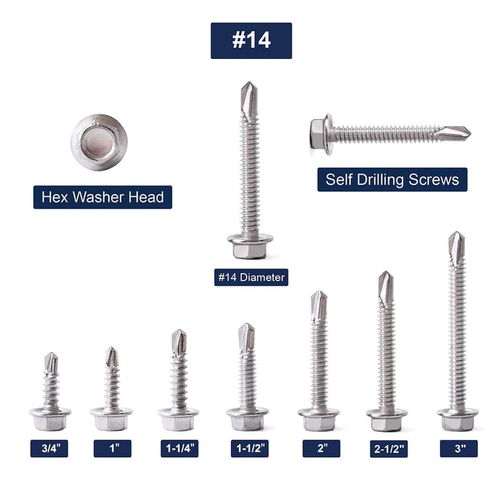 #14 x 2 Sheet Metal Screws 100PCS 410 Stainless Steel Hex Washer Head Fast Self Tapping Screws by SG TZH