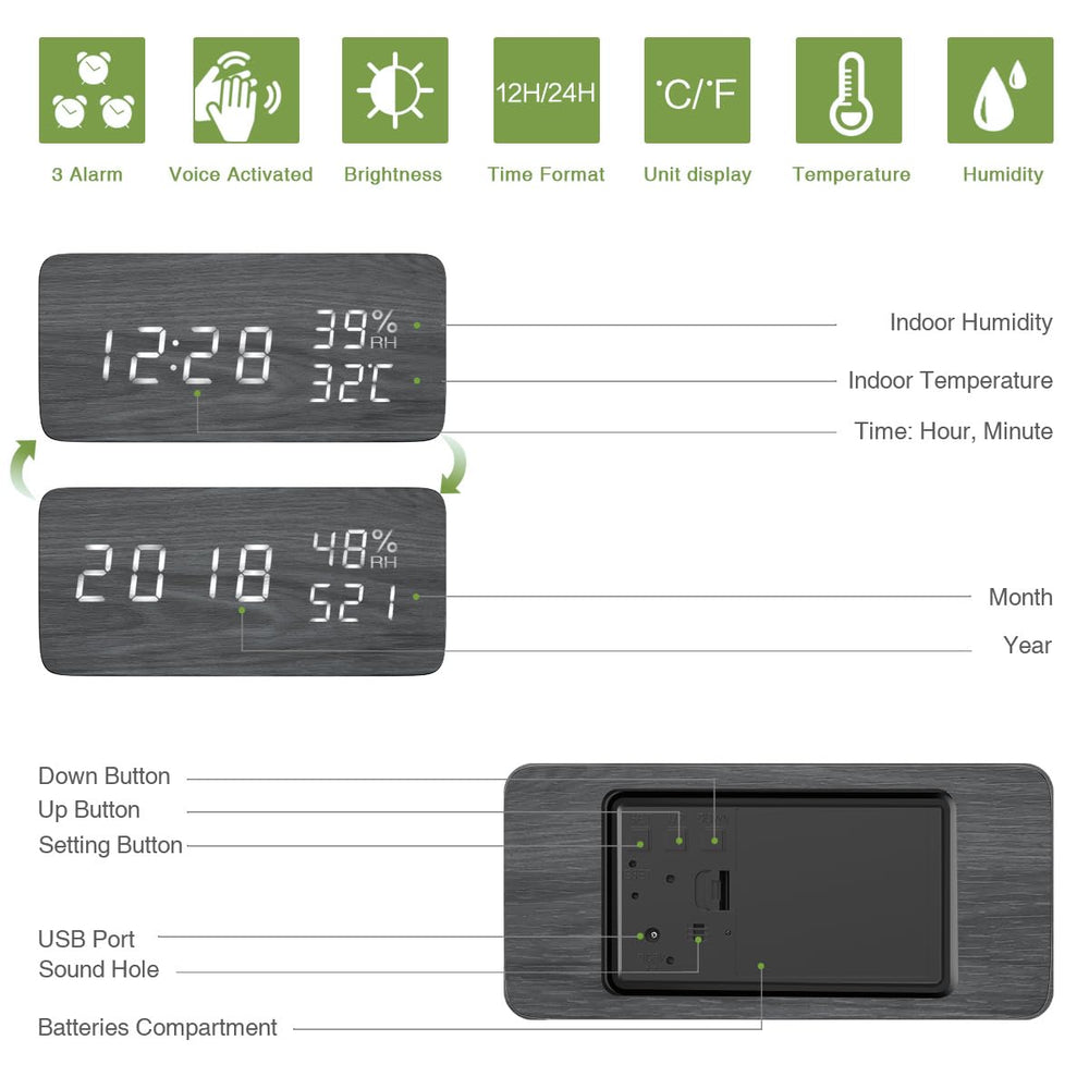 Digital Wooden Alarm Clock, Electronic LED Desktop Clock with Temperature Humidity Time Display, 3 Alarm Settings, Voice Control, 3 Levels Adjustable Brightness for Home, Bedroom, Office