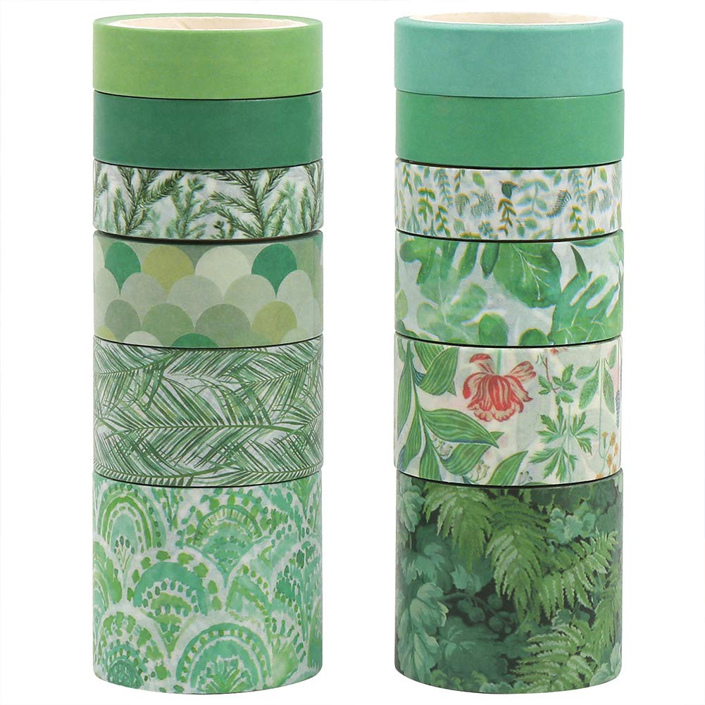 12 Rolls Washi Tapes, Green Plants Floral Cactus Decorative Tape for Scrapbooks Journals DIY Decoration and Craft Supplies
