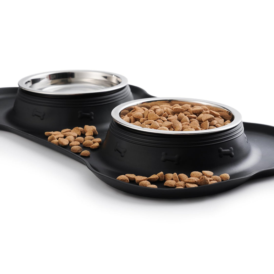 Pet Dog Bowls 2 Stainless Steel Dog Bowl with No Spill Non-Skid Silicone Mat + Pet Food Scoop Water and Food Feeder Bowls for Feeding Small Medium Large Dogs Cats Puppies (S, Black)