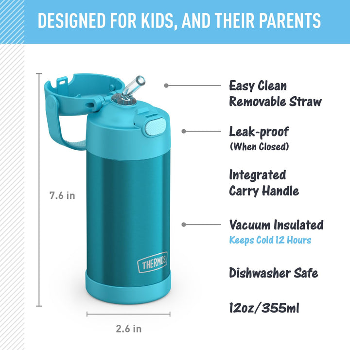 FUNTAINER Water Bottle with Straw - 12 Ounce, Teal - Kids Stainless Steel Vacuum Insulated Water Bottle with Lid