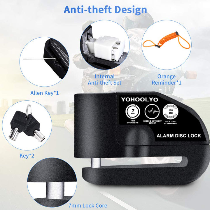 Alarm Disc Lock Motorcycle Disc Brake Lock Anti-Theft Waterproof 110 dB 7mm Pin 5ft Reminder Cable for Motorcycles Bike Scooter Carry Pouch (Black)