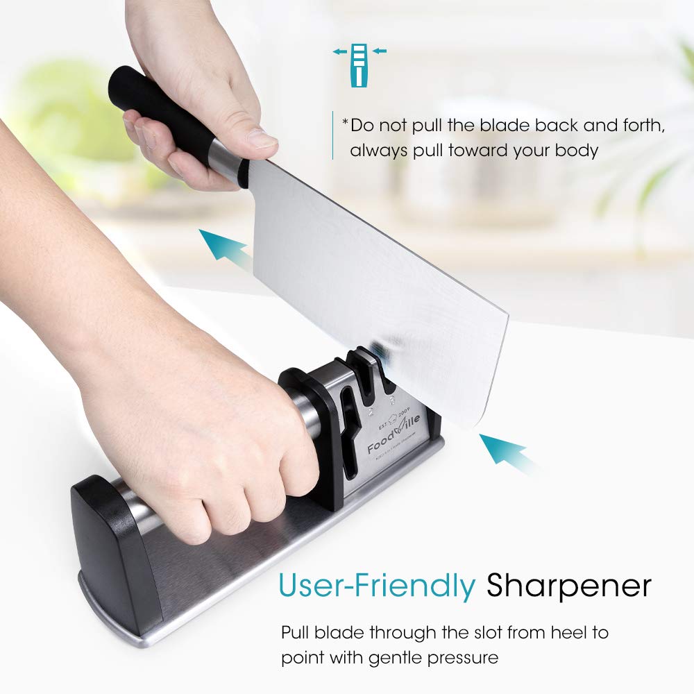 KS04 Knife Sharpener for Kitchen Knife Pocket Knife Hunting Knives Including Straight and Serrated Blades and Scissors (3 Slots) (Silver)