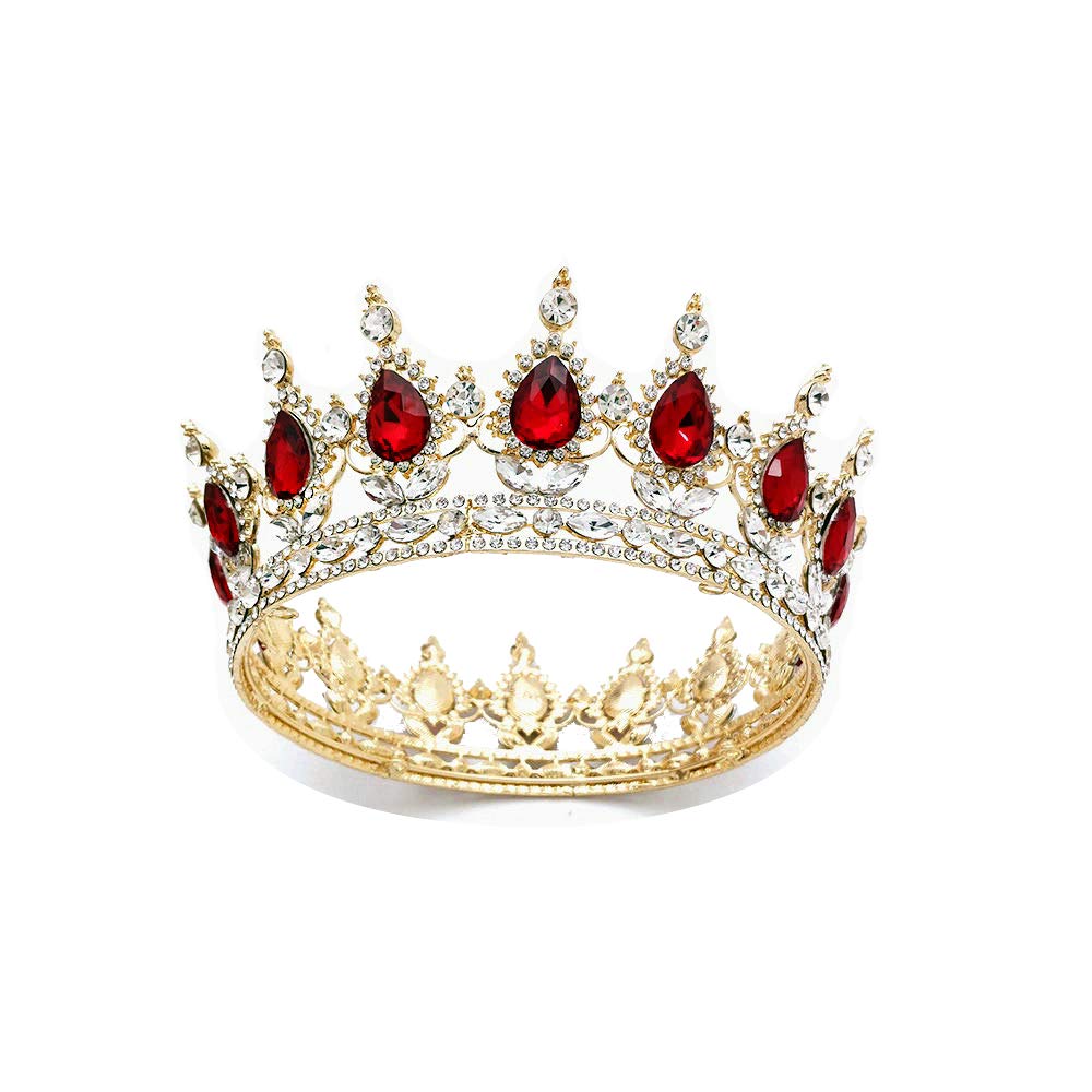 Bride Water Droplets Full Crown Pageant Crowns Princess Tiara Retro Round Crown Bride Hair Accessories (Red)