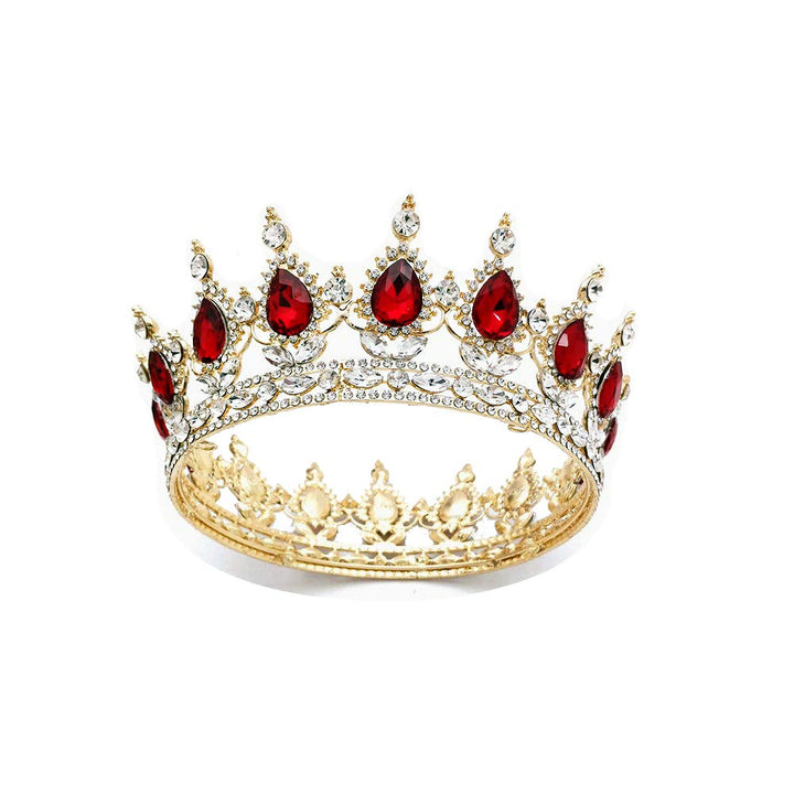 Bride Water Droplets Full Crown Pageant Crowns Princess Tiara Retro Round Crown Bride Hair Accessories (Red)