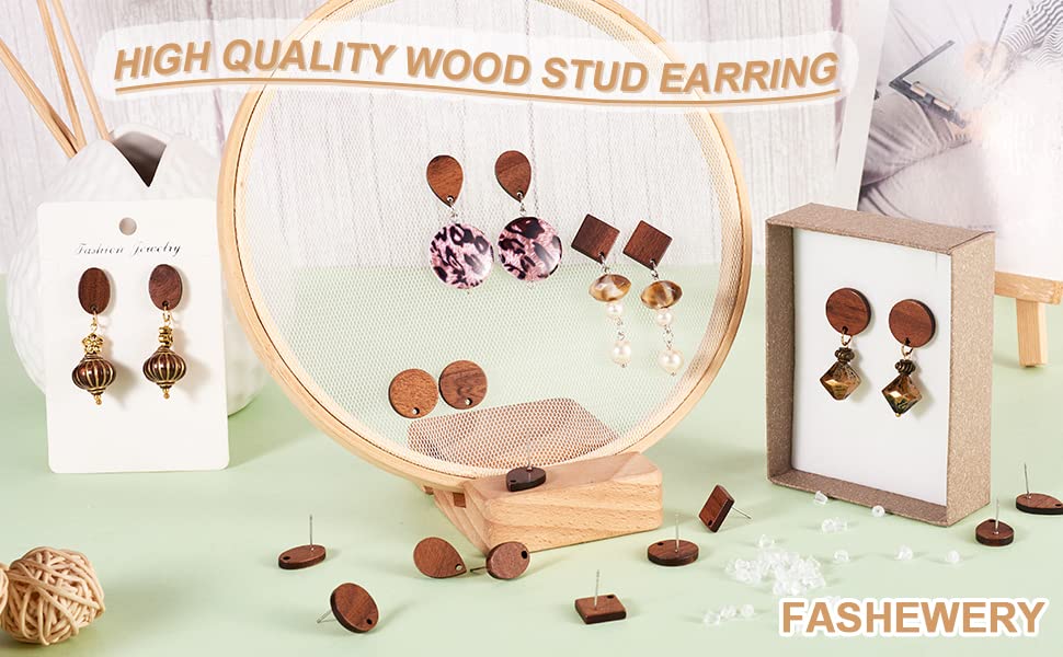 16Pcs Wood Stud Earring Posts with Loop Teardrop Rhombus Oval Flat Round Wood Stud Earring with Ear Nuts for DIY Wooden Earrings Making (CoconutBrown)