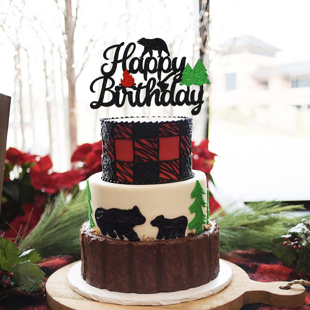 Camping Happy Birthday Cake Topper for Winter Lumberjack Bear Woodland Camping Hunting Themed Baby Shower Wild One 1st Birthday Party Supplies(Double-sided)