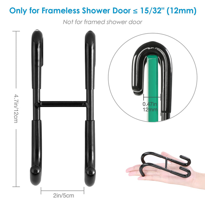 Shower Door Hooks (2-Pack), Towel Hooks for Bathroom Frameless Glass Squeegee Hooks, Black