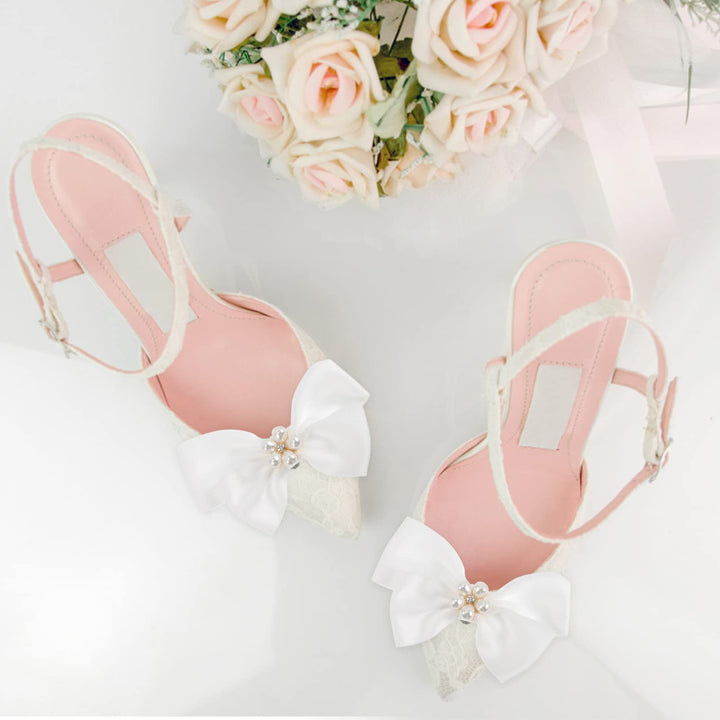 1 Pair Bow Shoe Clips Removable Shoe Charms Pearls Shoe Buckle Bowknot Dress Shoes Jewelry Decorative Shoe Accessories for Wedding Party Prom Decoration (White)